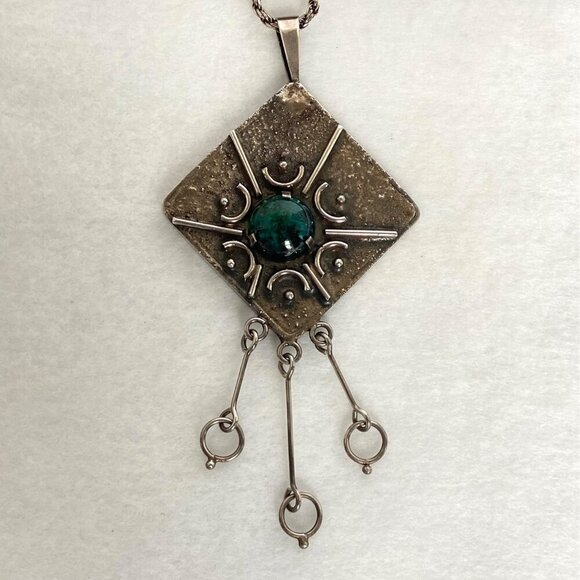 Sterling Silver 925 Israel 4" Modernist Style Eilat Stone Pendant Necklace 24" - Picture 13 of 16